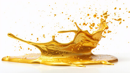 Drops of gold paint fall into a puddle on white background.