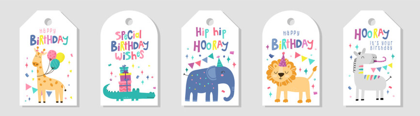 Birthday cards with cute hand drawn Safari animals, fun decorations and lettering - vector design