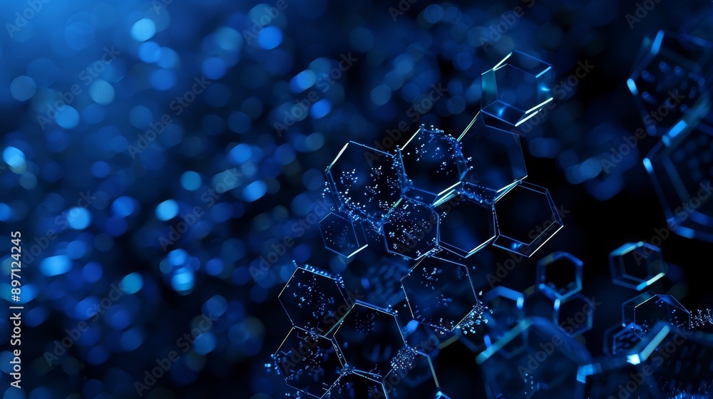 Poster abstract image of blue hexagons in a 3d space. the image symbolizes innovation, technology, connecti