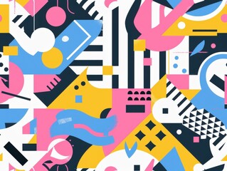 A bright and vibrant abstract geometric pattern with various shapes