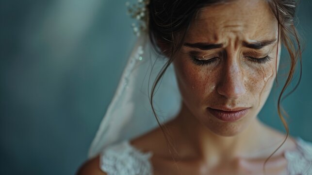 Emotional bride with tears in cinematic portrait on wedding day, copy space.