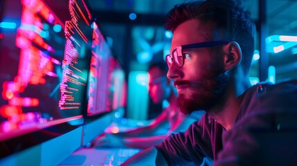 Focused Programmer Working Late at Night with Neon Lights