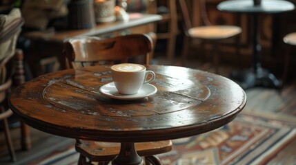 Obraz premium A vintage table adorned with a beautifully crafted latte art coffee cup in a charming cafe setting