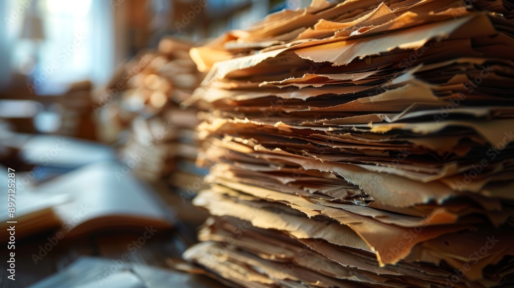 Poster an extensive collection of old paper documents placed neatly on a table in a warmly lit room