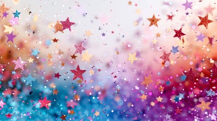 Magical whimsical glitter star confetti falling on a beautiful rainbow gradient background