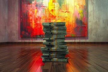 ai generative stacks of money and abstract paintings