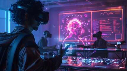 A futuristic teacher using holographic teaching aids in a neon-lit classroom style