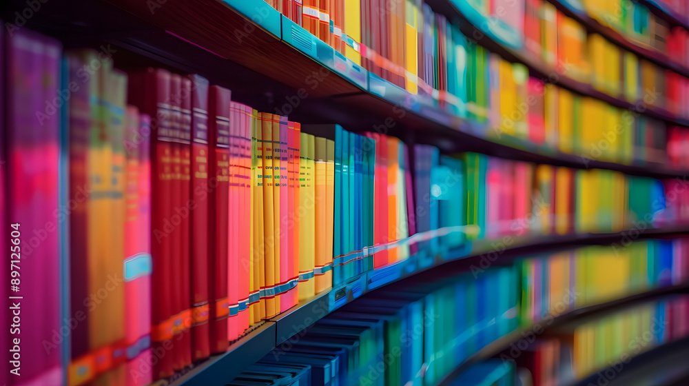 Aufkleber close-up of colorful books arranged on a curved shelf in a library, creating a vibrant and organized