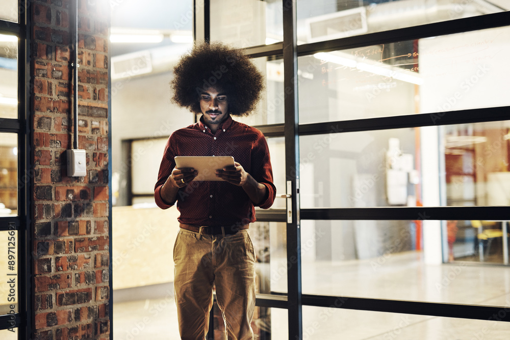 Aufkleber night, black man and tablet at office for networking, research and review with international client.