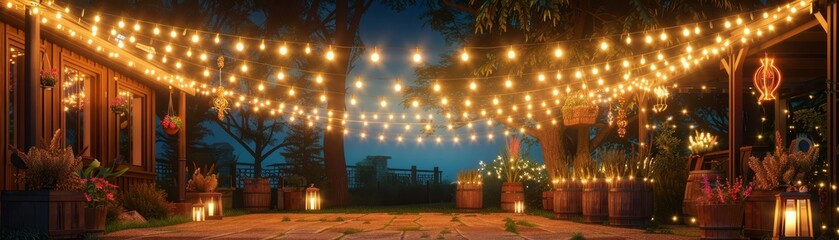 String lights illuminating a backyard party, nighttime party lights display, magical and cozy