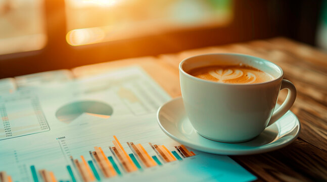 a cup of coffee on the desk, yearly financial report, chart with years data statistics, company progress and growth by year, 2025 - Powered by Adobe