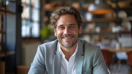 Obraz premium A middle-aged man in a smart casual blazer smiles confidently in a modern cafe setting. 