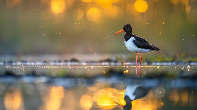 At sunset, an american oystercatcher elegantly stands in the lower suwanee river