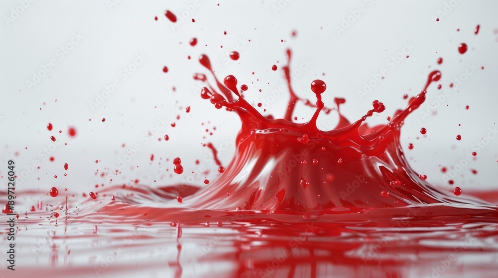 Poster Ruby red liquid splashing and dropping against a pristine white background, creating a mesmerizing contrast