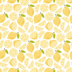 Lemon seamless pattern. Bright summer background. Yellow citrus fruit on white background. Fresh food vector illustration
