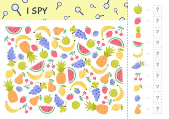 Fruits I spy childrens game. Printable worksheet for preschool children. Searching and counting activity for kids.