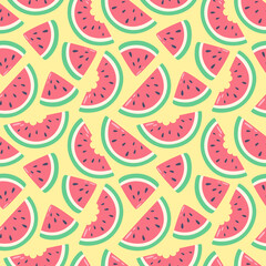 Watermelon slices seamless pattern. Bright summer background. Red fruit on yellow background. Fresh food vector illustration