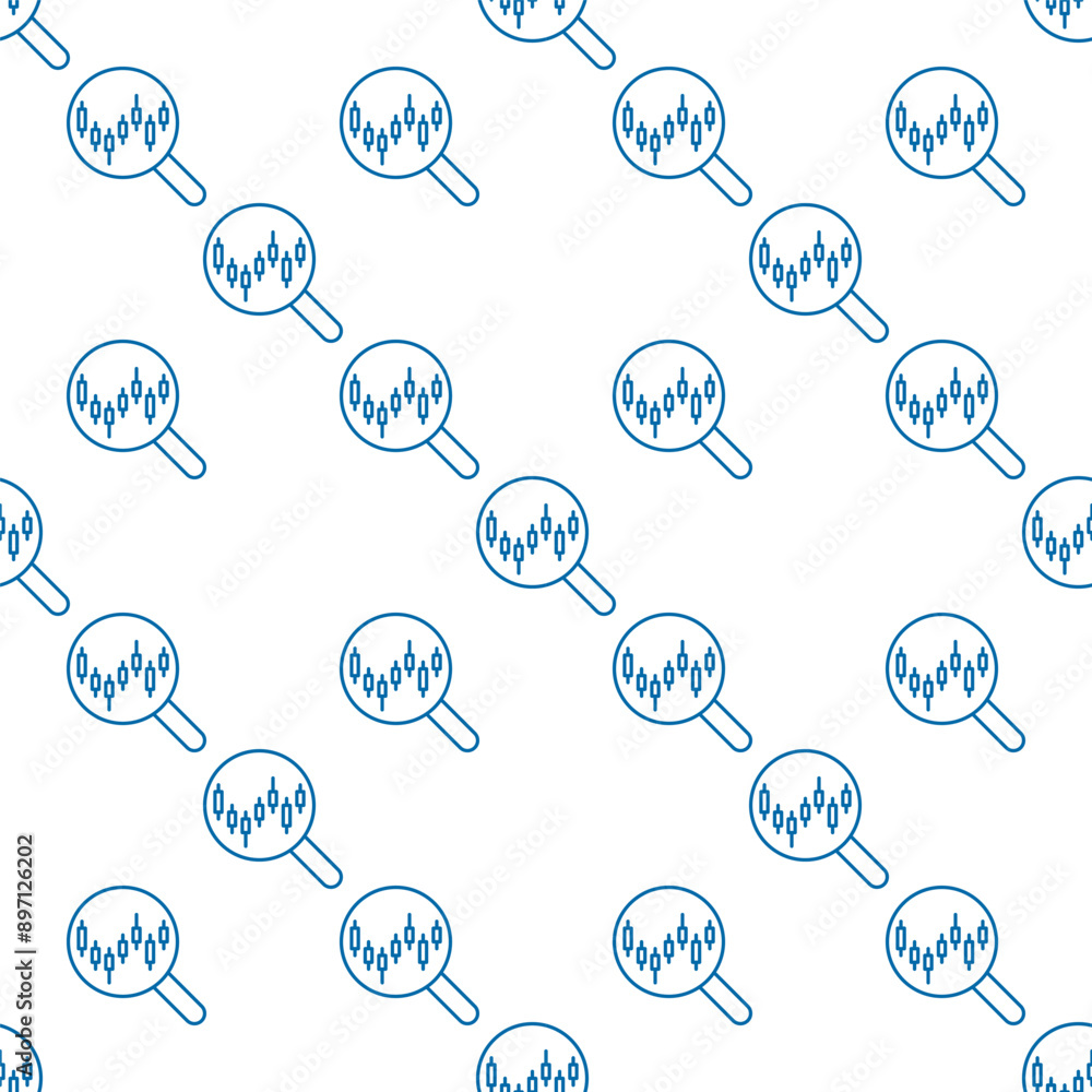 Poster magnifying glass and candlestick chart searching vector magnifier outline seamless pattern