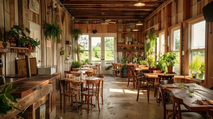 Thai restaurant with nature forest trees. Interior design. AI generated illustration