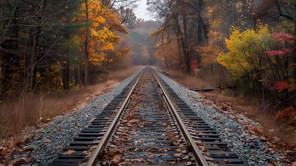 A scenic railway track stretches into the distance through a forest adorned with colorful autumn foliage, creating a peaceful and picturesque landscape.
