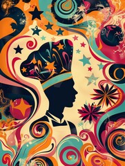 Fototapeta premium A silhouette of a chef in a chef's hat stands against a background of swirling colorful patterns, symbolizing creativity, passion, culinary artistry, and a vibrant food experience.