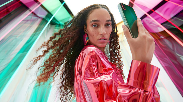 Stylish woman in futuristic setting using smartphone. Generative AI image