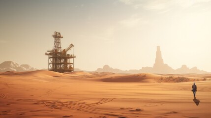 Photograph of an abandoned oil rig slowly being reclaimed by the desert, symbolizing the transience of human endeavors