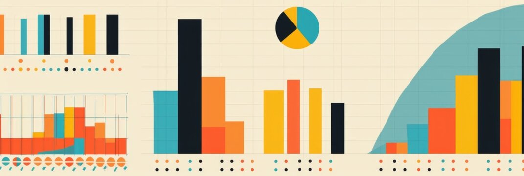 A vibrant and abstract illustration depicting various data visualization techniques, showcasing bar charts, pie charts, line graphs, and scatter plots.