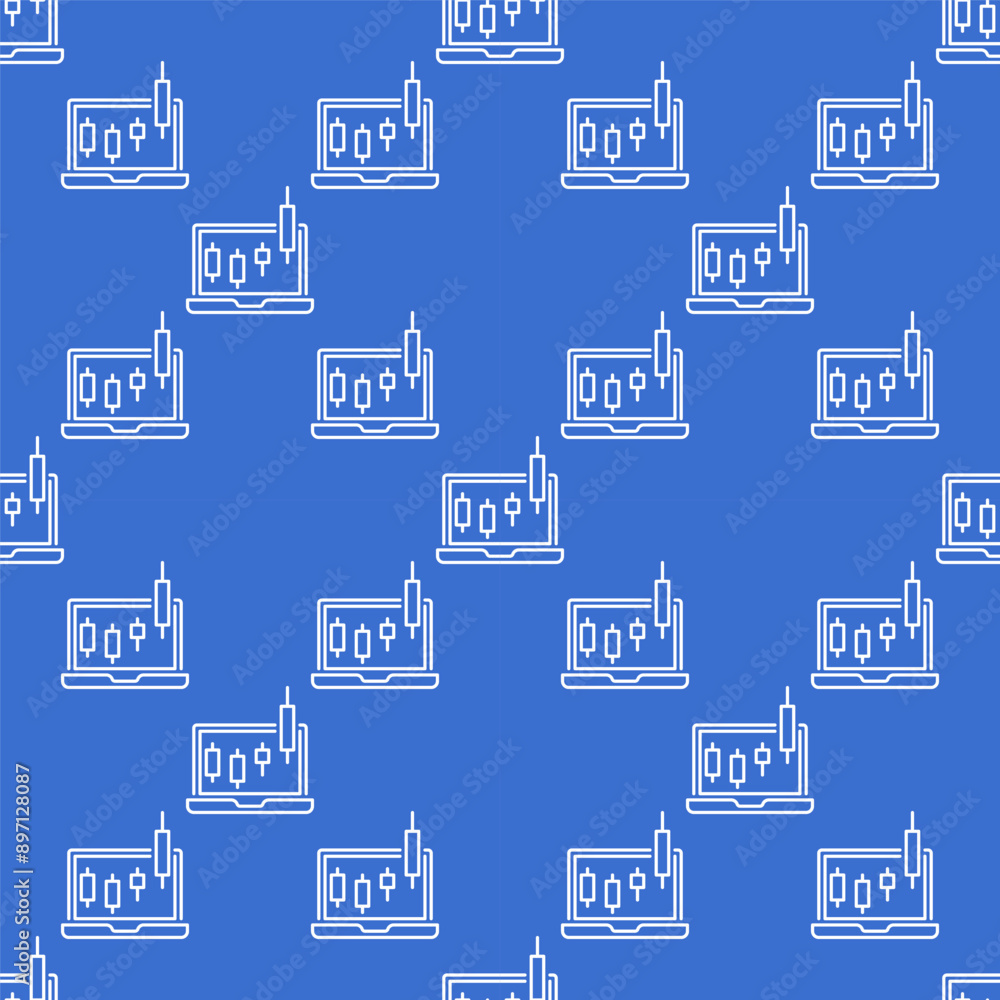 Poster vector candlestick chart pattern on laptop screen outline seamless pattern