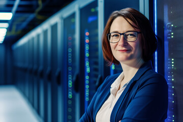 Confident female professional at data center. Generative AI image