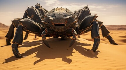 Obraz premium Photograph of a massive black scorpion emerging from the sands of a sun-scorched desert, its pincers raised in a menacing stance