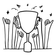 Hands holding trophy png sticker, teamwork success doodle, transparent background