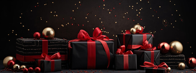 Elegant Black Gift Boxes with Red Bows and Golden Ornaments for Christmas