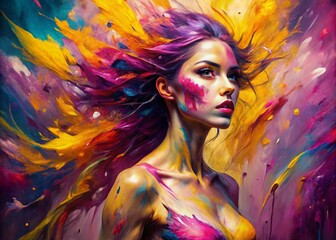 Fototapeta premium Vibrant abstract artwork depicting a female form with expressive, dynamic brushstrokes in shades of pink, purple, and yellow, evoking emotion and femininity.