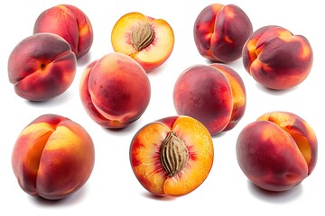 A group of peaches and nectarines in different angles including side, top, and front, displayed in a natural heap. The fruits are shown on a transparent background, highlighting 