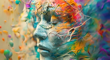 A colorful painting of a face with a blue and white background. The painting is abstract and has a lot of different colors - Powered by Adobe