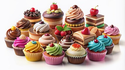 Colorful assortment of 3D illustrated sweet treats including layered cakes, cupcakes, and decadent chocolates arranged artfully on a clean white isolated background.