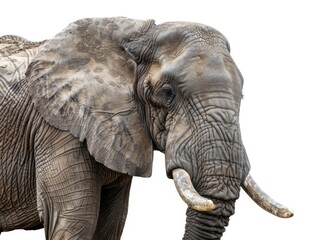 Fototapeta premium An elephant stands proudly in front of a white background, its distinctive tusks prominent