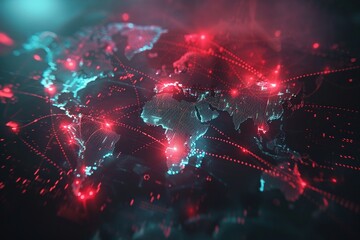Fototapeta premium ai generative network of digital lines over a world map between continents connections