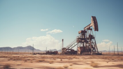 Photograph of an oil rig worker dwarfed by the towering machinery of an active desert oil field, emphasizing the contrast between human scale and industrial might.