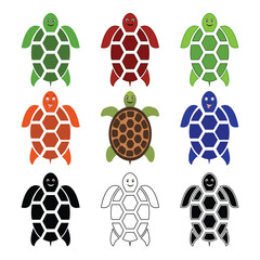 Sea Turtle Victored Designs. Silhouette vector flat illustration. 9 Sea Turtle Flat Color Designs. Use Together Or Individually EPS. Sea Turtle, Green, Brown, Orange, Blue, Black, White, colors.
