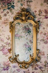 Ornate antique mirror with gold frame against floral wallpaper