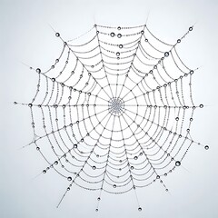 Obraz premium Spider web with dewdrops on a light background. Close up macro shot. Nature detail and water droplets. Design for poster, print, greeting card, invitation