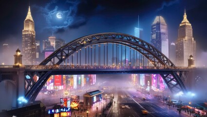 Obraz premium bridge, sydney, river, harbour, water, architecture, night, australia, city, harbor, travel, landmark, sky, arch, steel, harbour bridge, building, cityscape, skyline, tourism, transportation, newcastl