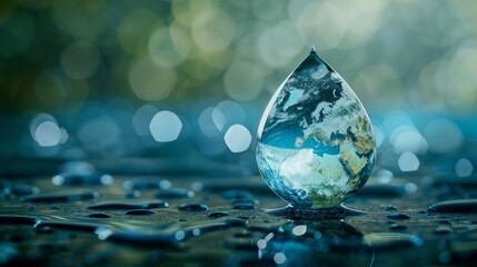 A single water drop, reflecting the Earth, represents the interconnectedness of our planet, the importance of water conservation, and the fragility of our natural resources.