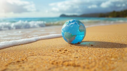 A glass globe representing the Earth rests on a sandy beach with gentle ocean waves lapping at the shore. This image symbolizes environmental conservation, global interconnectedness, and the delicate 