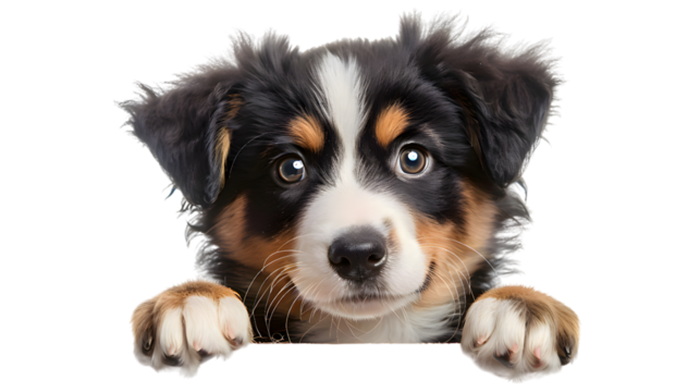Puppy dog holding blank banner isolated on transparent background