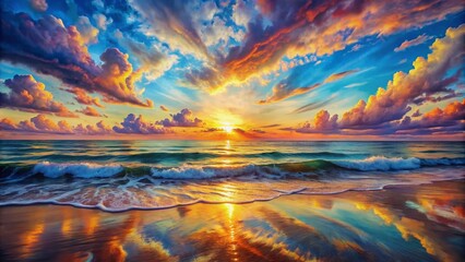Vibrant oil painting of a serene ocean scene featuring a kaleidoscope of colors in the sunset sky, reflected in the gentle waves below.