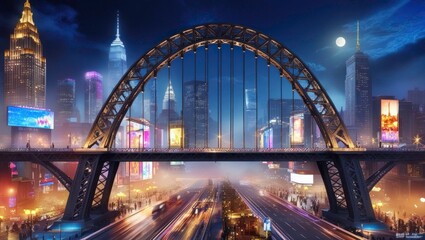 Obraz premium bridge, sydney, river, harbour, water, architecture, night, australia, city, harbor, travel, landmark, sky, arch, steel, harbour bridge, building, cityscape, skyline, tourism, transportation, newcastl