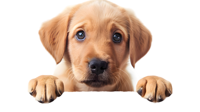Puppy dog holding blank banner isolated on transparent background